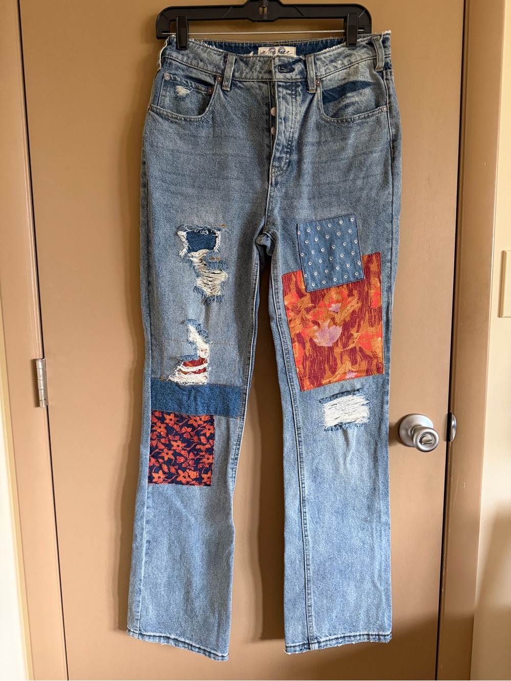 We The Free Belladonna Light Wash Straight-Leg Jeans with Colorful Patchwork